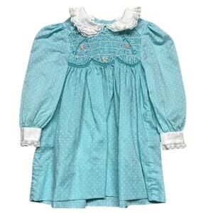 Vintage Polly Flinders Girl's Teal‎ White Polka Dot Dress Size 2T